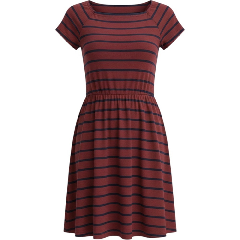 Burgundy Navy Striped Square Neck Dress Elastic Waist Flutter Sleeve Medium